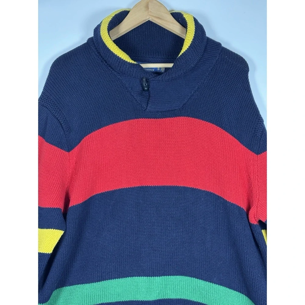 Polo Ralph Lauren 12.M Yacht Challenge Sweater Men XL Navy Red Stripe Shawl Neck